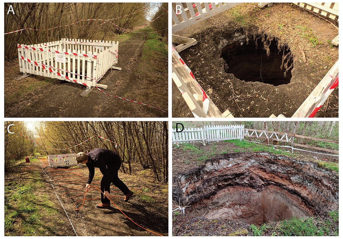 Salaspils karsta kritene un tās pētījumi neilgi pēc iegruvuma izveidošanās: A, B – kritene un tās apkārtne 21.04.2021.; C – elektriskās pretestības mērījumu aprīkojuma izvietošana pie kritenes; D – kritene 1 gadu pēc tās rašanās – 12.05.2022. (Karušs et al. 2023).