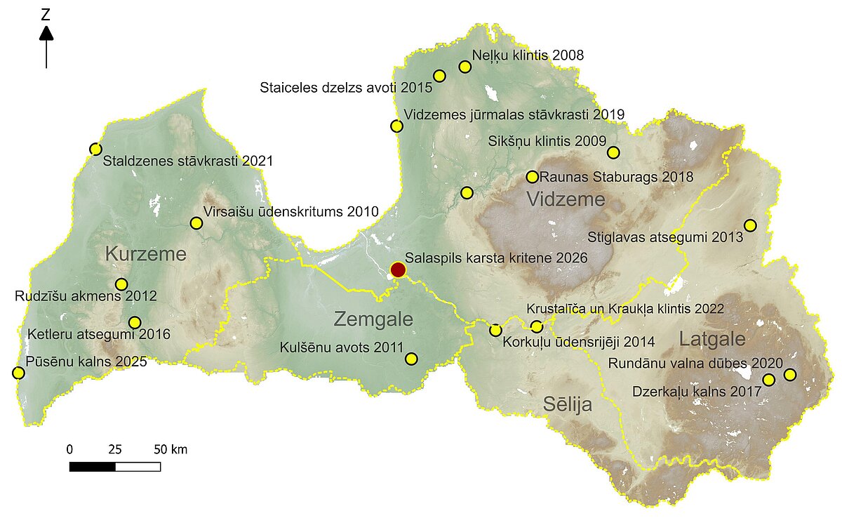 Salaspils karsta kritene un visas pārējās līdz šim nosauktās Latvijas Gada ģeovietas. https://eztf.lu.lv/petnieciba/kartes/