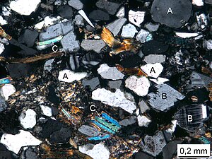 Gan nogulumiežu, gan dziļi iegulošo pamatklintāja magmatisko un metamorfo iežu pētījumos nozīmīga metode ir plānslīpējumu apraksts. Plānslīpējums ir pie stikla pielīmēta 0,02-0,03 mm bieza ieža plāksnīte. Mikroskopā polarizētā gaismā var labi atšķirt minerālus, kā arī noskaidrot to veidošanās apstākļus un izmaiņas. Šajā attēlā redzams devona smilšakmens: A – kvarcs; B – laukšpati mikroklīns un ortoklazs; C – vizlas veids biotīts.